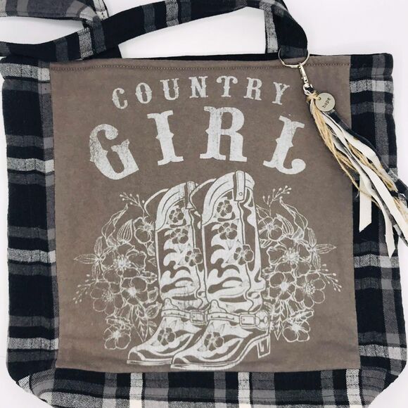 Handmade Tote Bag: Repurposed, Cowgirl, Brown, Tan, Cream, Boots, and Charm - Picture 2 of 9